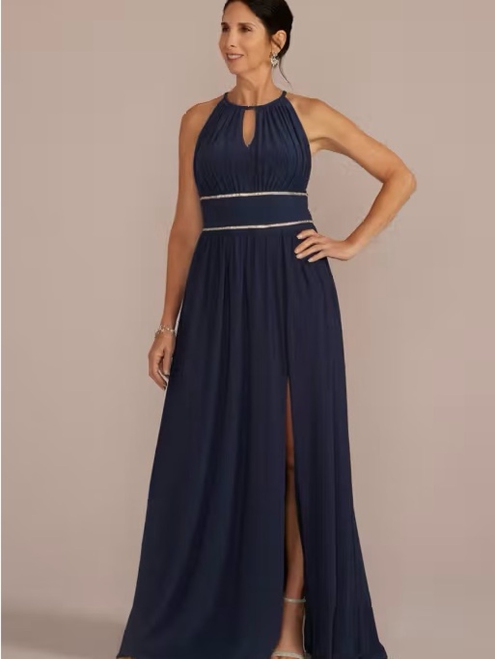 Halter Jersey Knit Gown with Rhinestone Waist